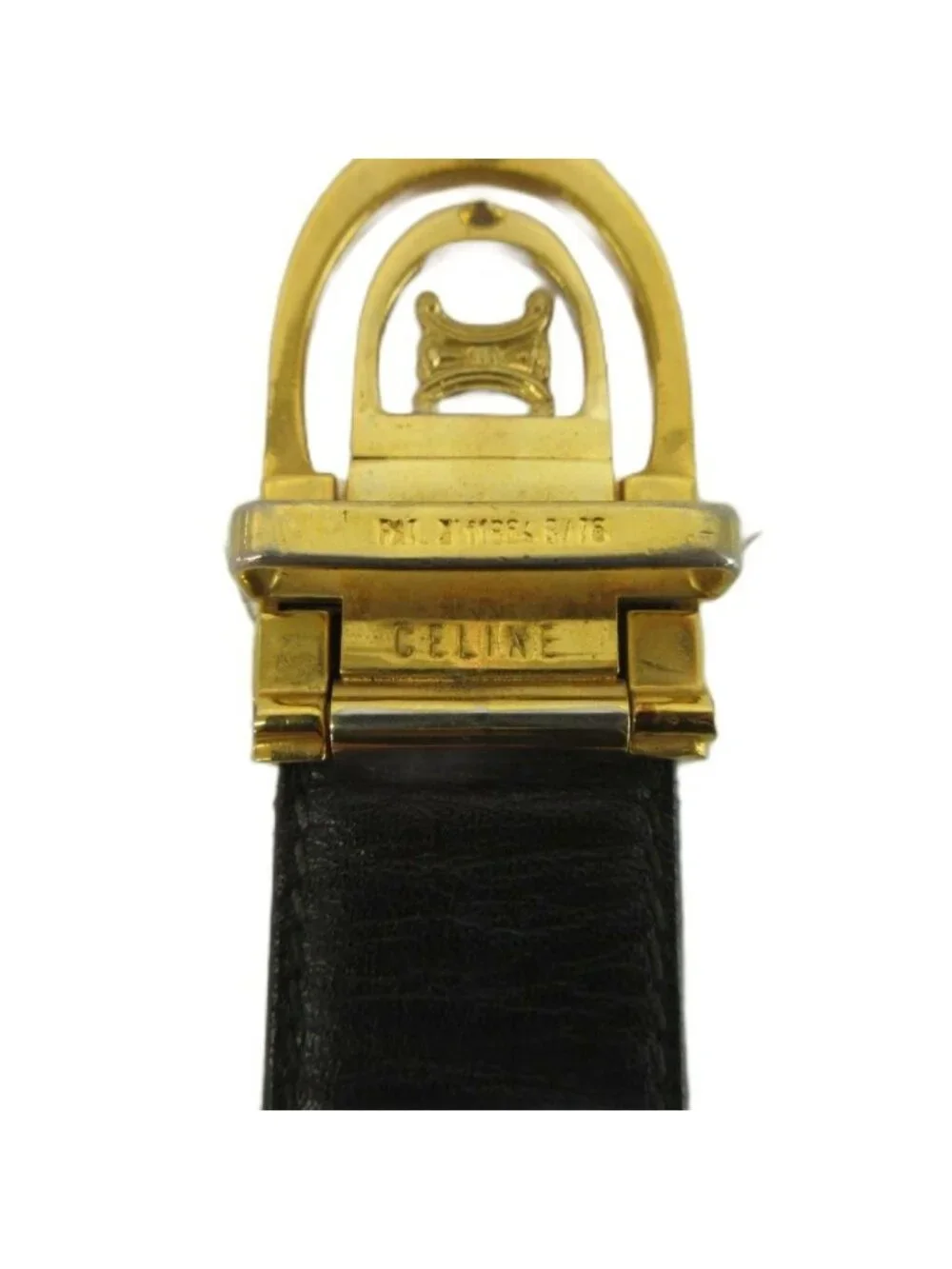 Celine Vintage Belt Leather Buckle Triomphe Gold Black